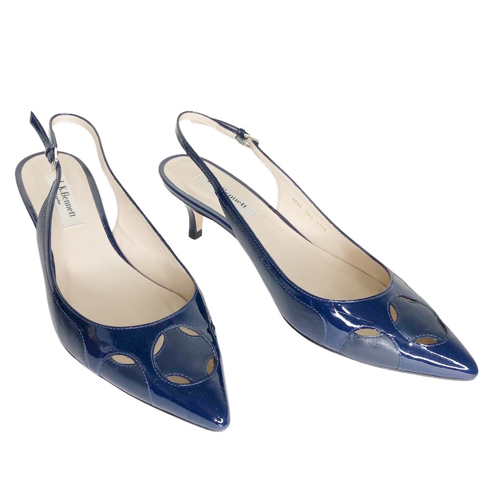 L.K. Bennett Shoe Sling Back Kitten Heel Cut Out Pointed Toe Navy Blue Chic 38.5